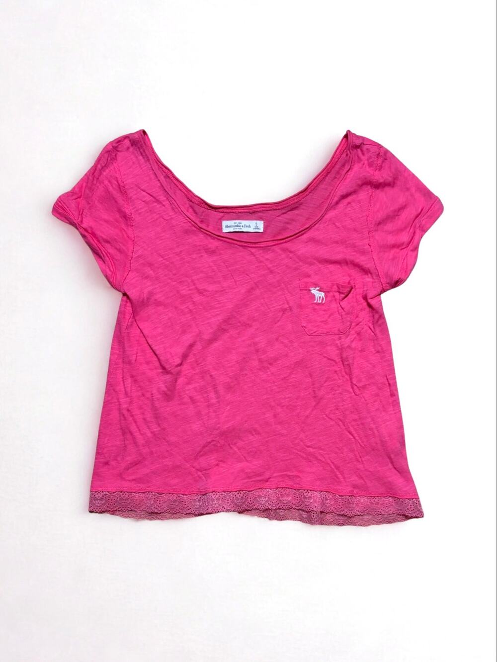 Vtg Y2K Abercrombie & Fitch Coral Pink Cotton  Lace Trim Moose Logo Tee Size S